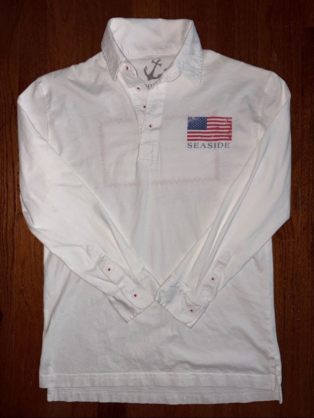 HIHO Seaside 30a USA Flag Patch UPF50 Long-Sleeve Polo Shirt Size Small